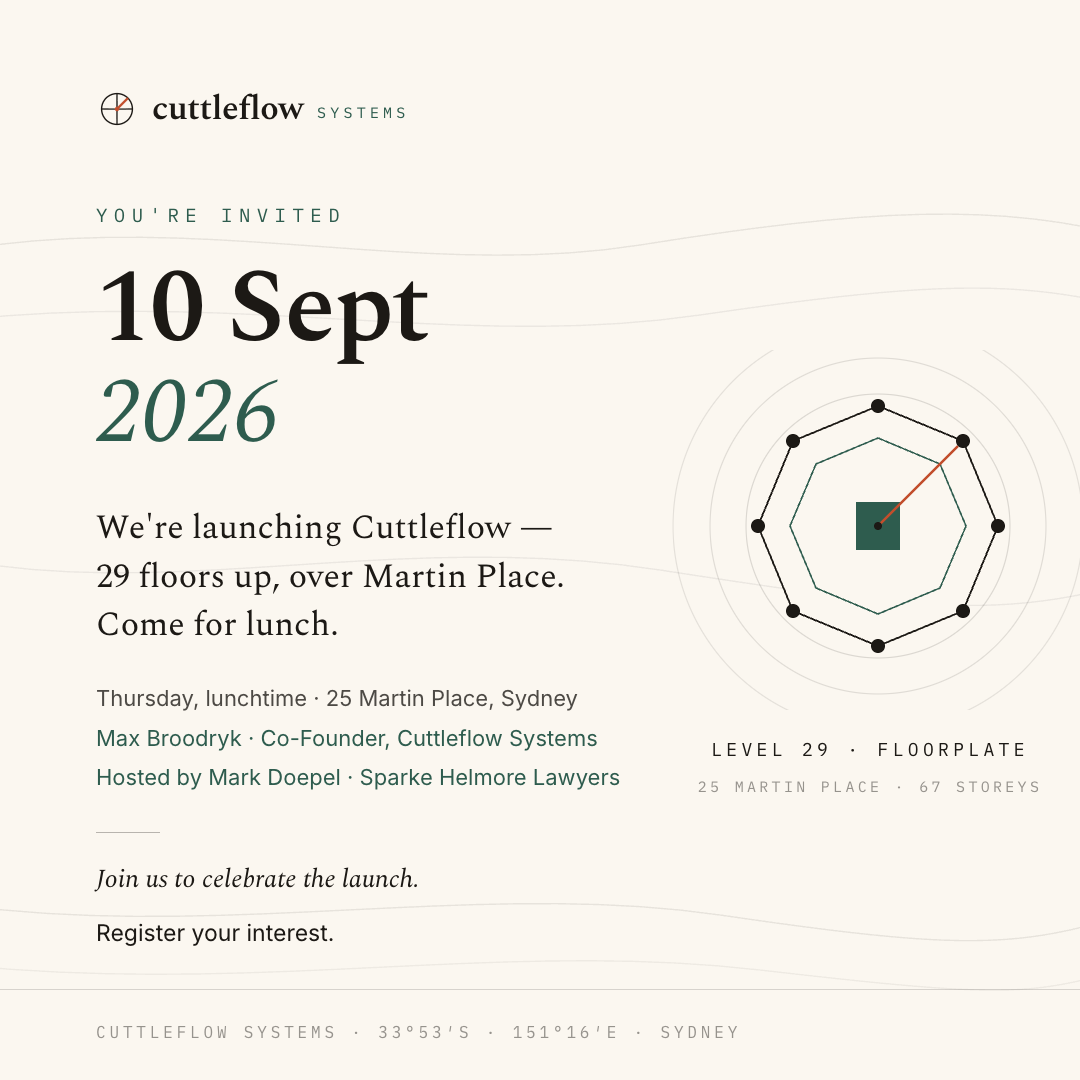 Invitation: Cuttleflow launch, 10 September 2026, lunchtime at 25 Martin Place, Sydney — Level 29. Hosted by Mark Doepel, Sparke Helmore Lawyers, with Max Broodryk, Co-Founder, Cuttleflow Systems. Register your interest.