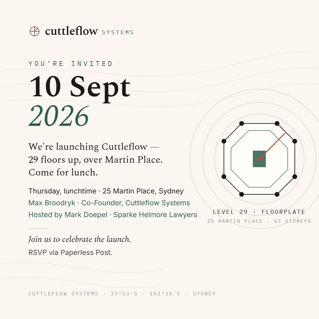 Invitation: Cuttleflow launch, 10 September 2026, lunchtime at 25 Martin Place, Sydney — Level 29. Hosted by Mark Doepel, Sparke Helmore Lawyers, with Max Broodryk, Co-Founder, Cuttleflow Systems. RSVP via Paperless Post.
